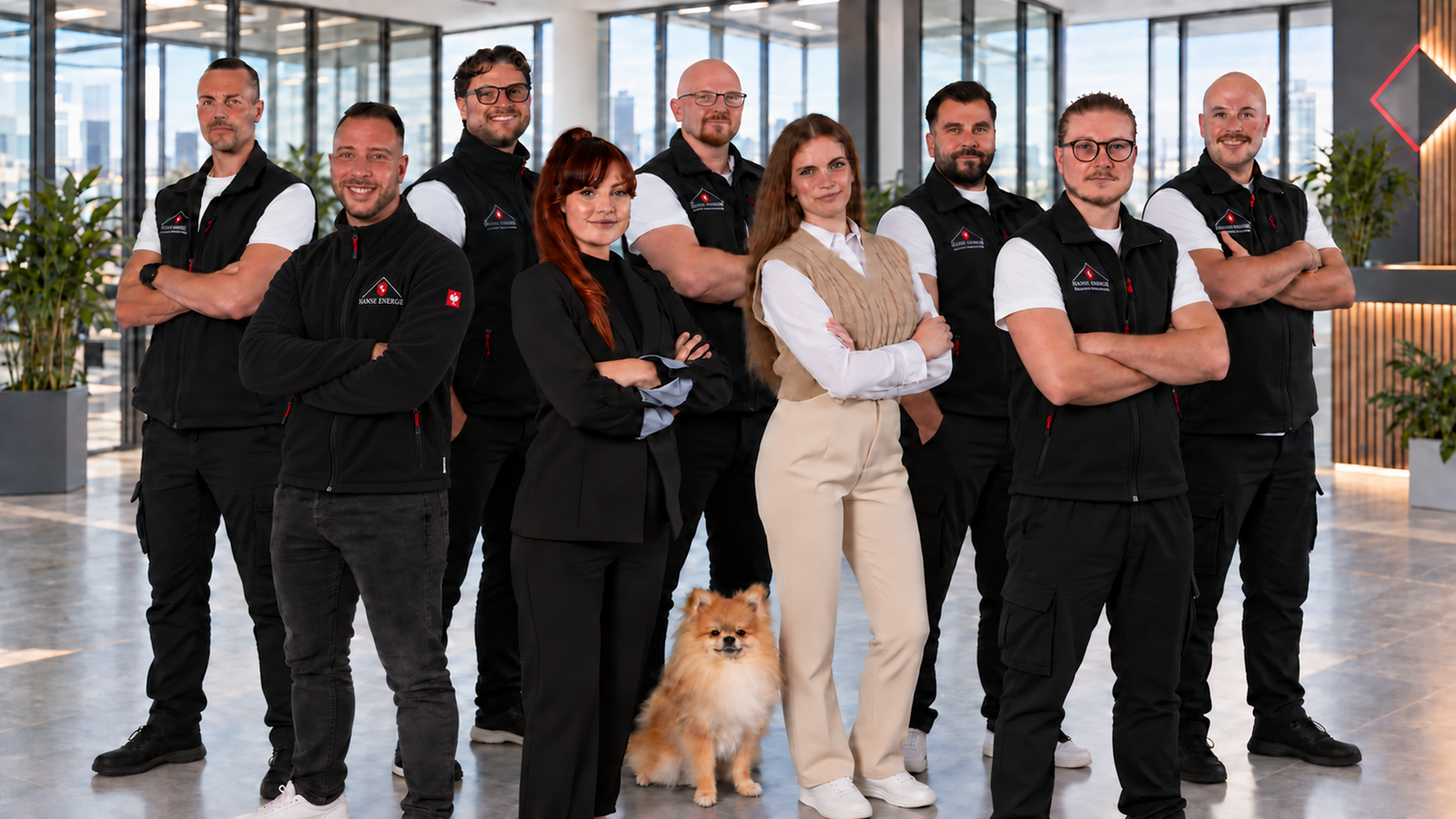 Das Team von Hanse Energie mit Rafael Tsiris in schwarzer Hanse-Energie-Jacke, Axel Kasior in schwarzer Weste und Team-Maskottchen in einem modernen Büro